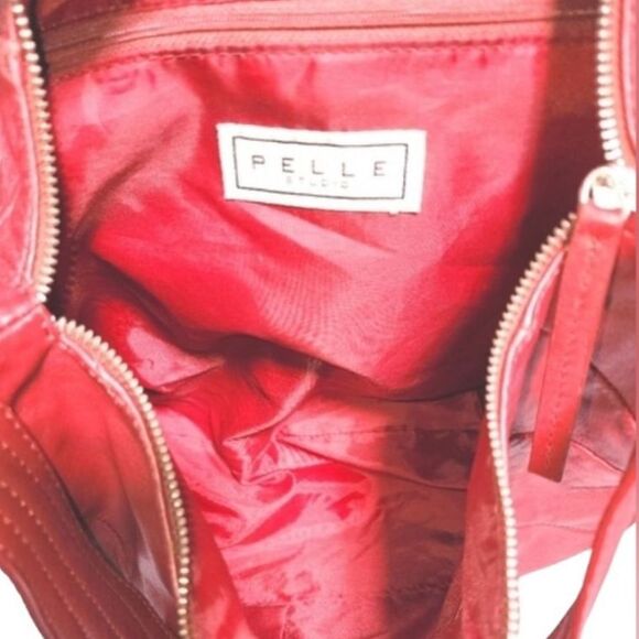 Pelle Studio Diagonal Striped Dark Red Genuine Leather Shoulder Bag 16"X10"X4.5" - Picture 8 of 12